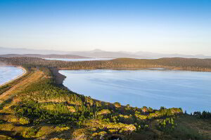 Overhead aerial view of Cloudy Bay Lagoon, Bruny Island